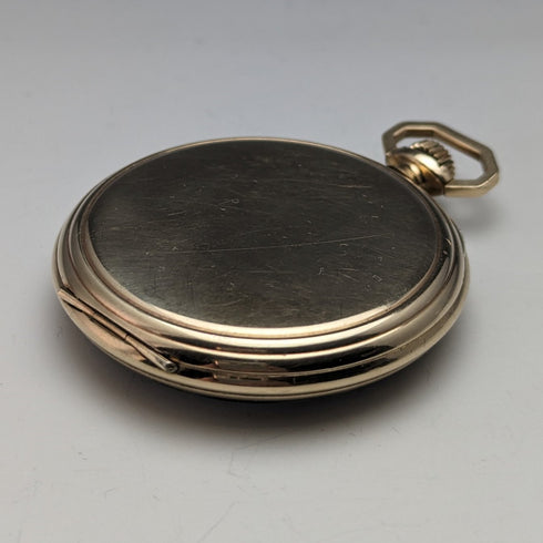 1920s British antique Russell pocket watch gold-plated open face works well