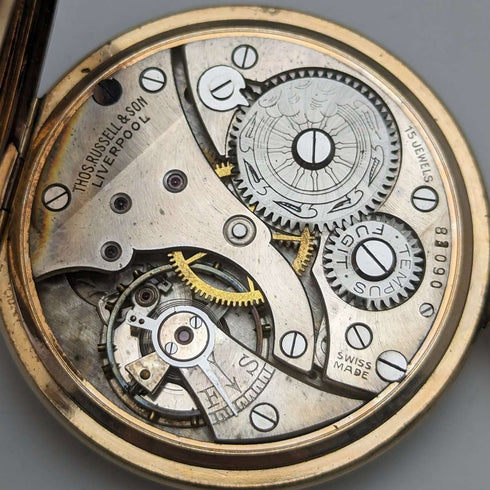 1920s British antique Russell pocket watch gold-plated open face works well