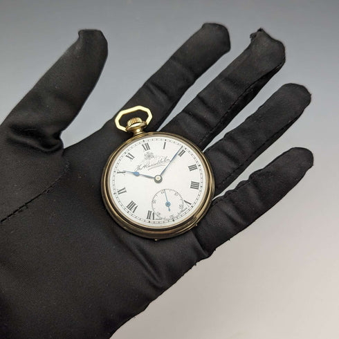 1920s British antique Russell pocket watch gold-plated open face works well