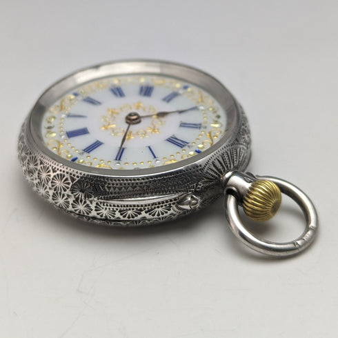 Early 20th century antique Swiss finely engraved pure silver case ladies' pocket watch works well