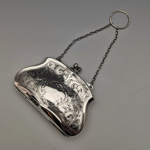 1917年 英国アンティーク 純銀 チェーン付き コインケース FD Long