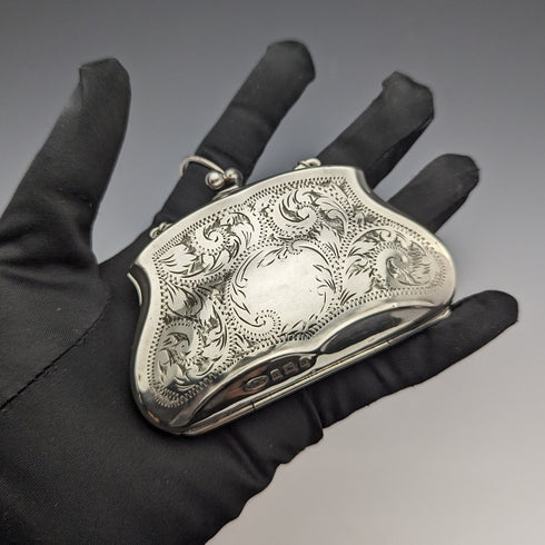 1917年 英国アンティーク 純銀 チェーン付き コインケース FD Long