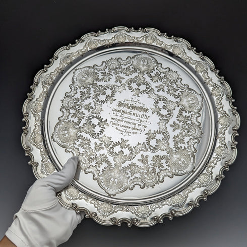 1907 年左右英國古董鍍銀薩爾瓦直徑 32 厘米亨利·阿特金斯