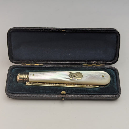 1888年 英国アンティーク 白蝶貝ハンドル 純銀ブレード 折りたたみペンナイフ ケース入