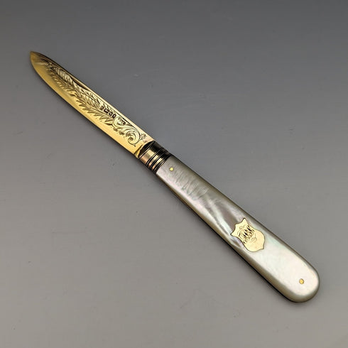 1888年 英国アンティーク 白蝶貝ハンドル 純銀ブレード 折りたたみペンナイフ ケース入