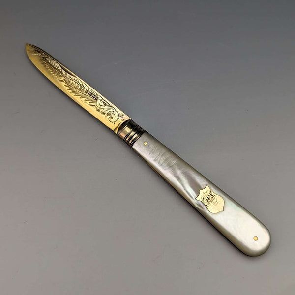 1888 年英國古董白色珍珠貝手柄純銀刀片折疊筆刀帶盒