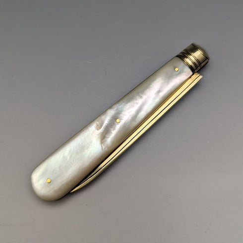 1888年 英国アンティーク 白蝶貝ハンドル 純銀ブレード 折りたたみペンナイフ ケース入