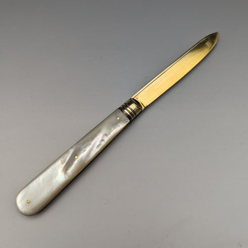 1888年 英国アンティーク 白蝶貝ハンドル 純銀ブレード 折りたたみペンナイフ ケース入