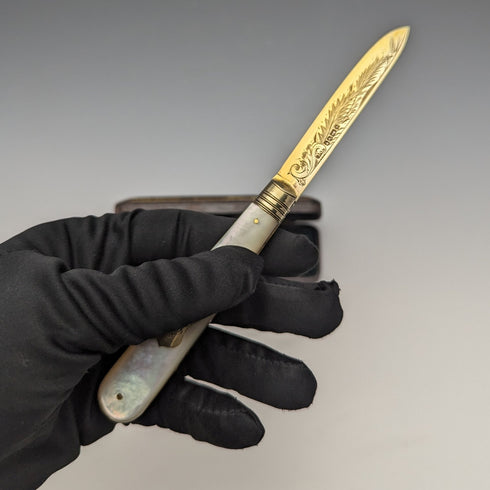 1888年 英国アンティーク 白蝶貝ハンドル 純銀ブレード 折りたたみペンナイフ ケース入