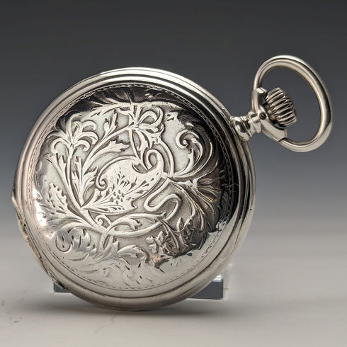 1910年頃 アンティーク ロンジン 懐中時計 アール・ヌーヴォー彫刻 銀側ハンターケース 動作良好