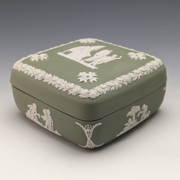 British Vintage Wedgwood Jasperware Square Box Accessory Case Green
