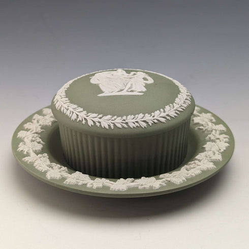 British Vintage Wedgwood Jasperware Round Box and Saucer Green