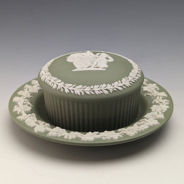 British Vintage Wedgwood Jasperware Round Box and Saucer Green