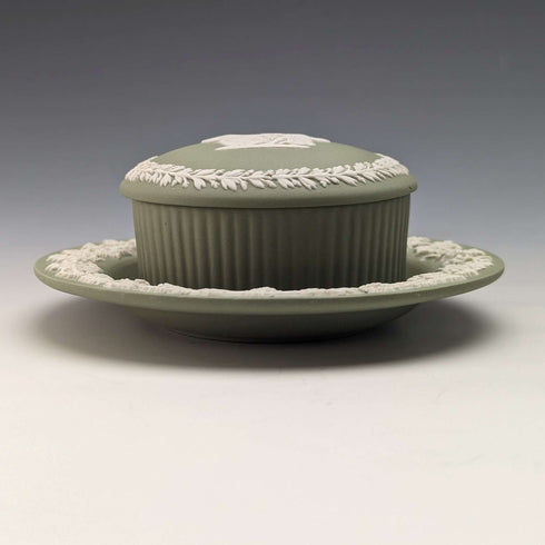 British Vintage Wedgwood Jasperware Round Box and Saucer Green