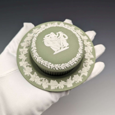British Vintage Wedgwood Jasperware Round Box and Saucer Green