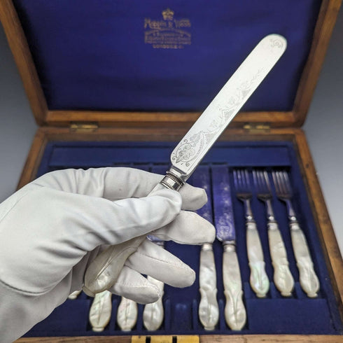 1899年頃 英国アンティーク 白蝶貝ハンドル カトラリー 6ペアセット 箱入り Mappin & Webb
