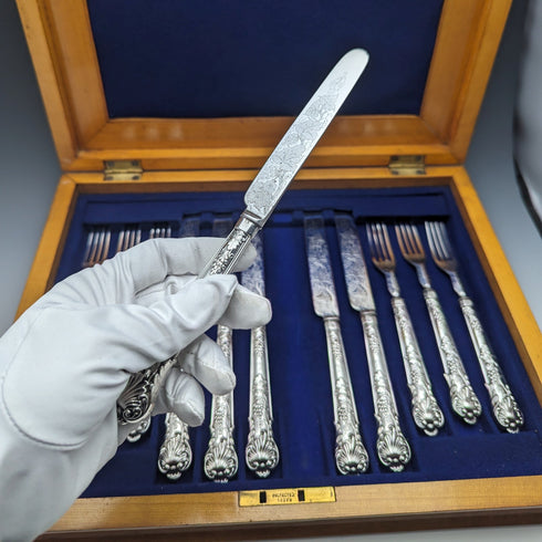 1838年 英国アンティーク 純銀製ハンドル カトラリー6ペアセット 箱入り Charles Needham