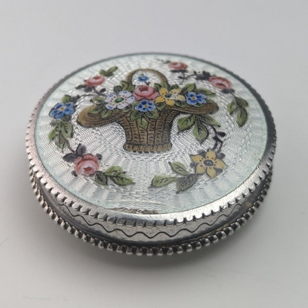 circa 1920 French antique 800 silver rouge box with flower basket guilloche enamel decoration