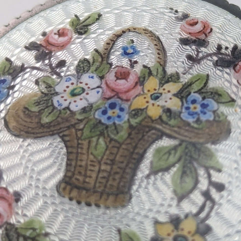 circa 1920 French antique 800 silver rouge box with flower basket guilloche enamel decoration