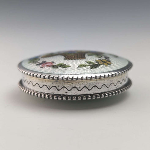 circa 1920 French antique 800 silver rouge box with flower basket guilloche enamel decoration