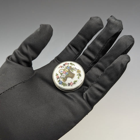 1920年頃 フレンチアンティーク 800シルバー製 ルージュボックス 花かごギョーシェエナメル装飾