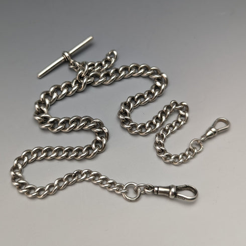 1920 年左右英國古董純銀雙阿爾伯特鏈 53 克無鑰匙扣