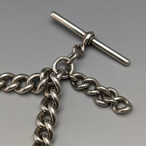 1920 年左右英國古董純銀雙阿爾伯特鏈 53 克無鑰匙扣