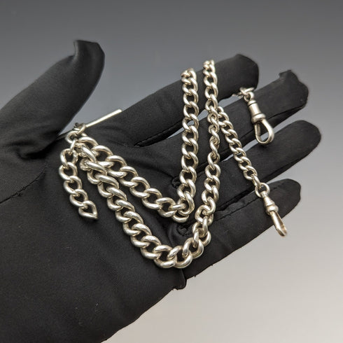 1920 年左右英國古董純銀雙阿爾伯特鏈 53 克無鑰匙扣