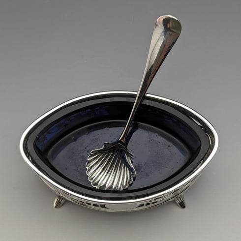 1906 年英國古董純銀和藍草鹽盤和勺子 Josiah Williams