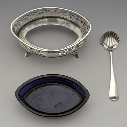 1906 年英國古董純銀和藍草鹽盤和勺子 Josiah Williams