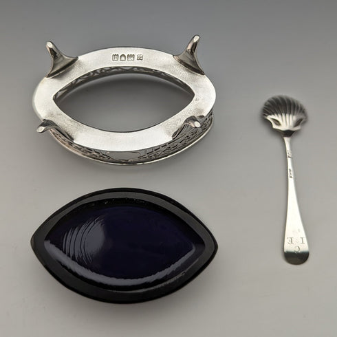 1906 年英國古董純銀和藍草鹽盤和勺子 Josiah Williams