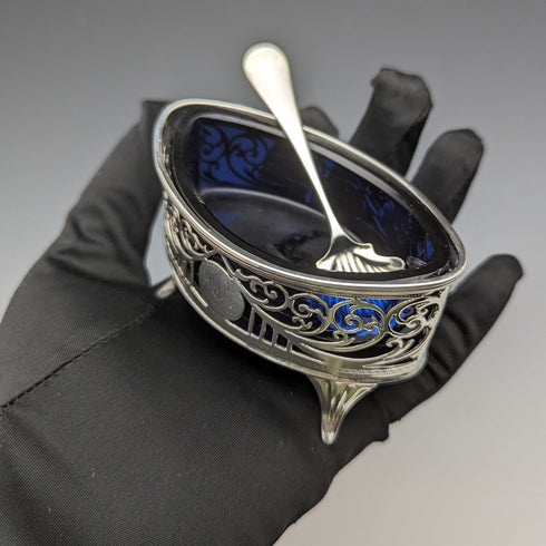 1906 年英國古董純銀和藍草鹽盤和勺子 Josiah Williams