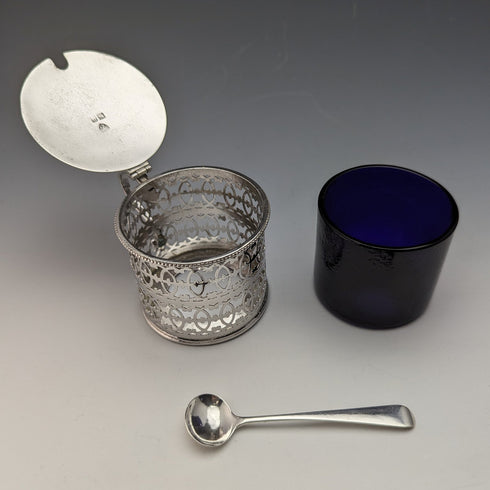 1910 British Antique Pure Silver & Bluegrass Mustard Pot & Spoon Vander & Hedges