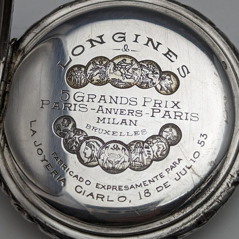 Around 1911 Antique Longines pocket watch Relief engraving Silver side open face Works well