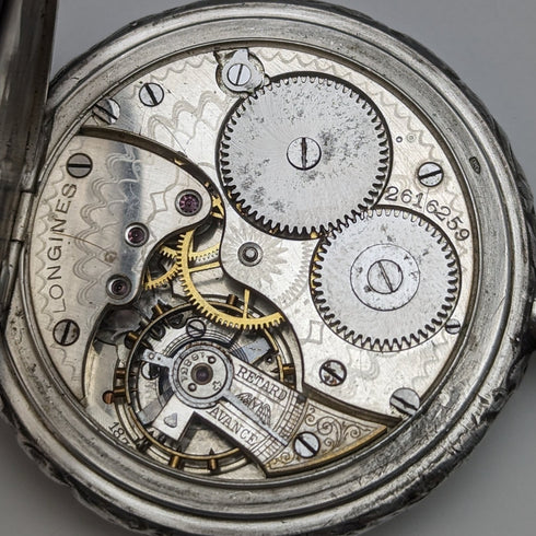 Around 1911 Antique Longines pocket watch Relief engraving Silver side open face Works well