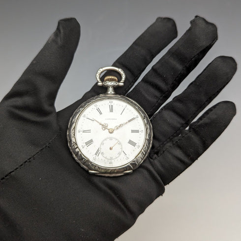 Around 1911 Antique Longines pocket watch Relief engraving Silver side open face Works well