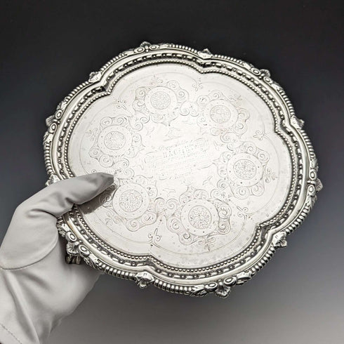 1895年 英国アンティーク 純銀製サルヴァ 直径22cm 363g CHARLES BOYTON