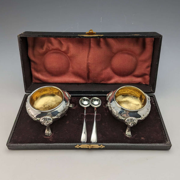 1900年頃 英国アンティーク シルバープレート ソルトディッシュ&スプーン ペア ケース入り