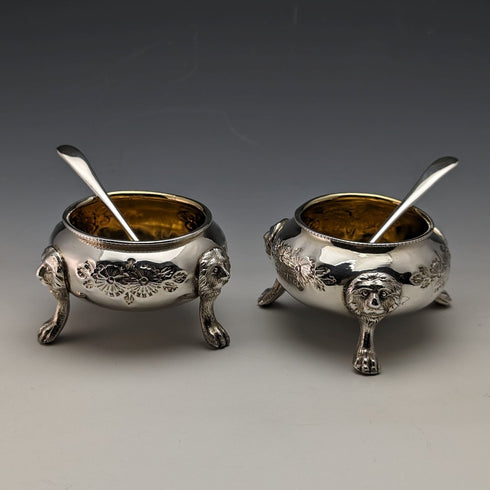 1900 年左右英國古董銀盤鹽盤和勺子一對(帶盒)