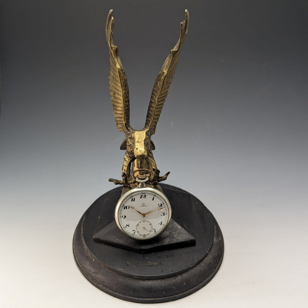 アンティーク 真鍮製 白頭鷲 懐中時計ホルダ 木製ベース
