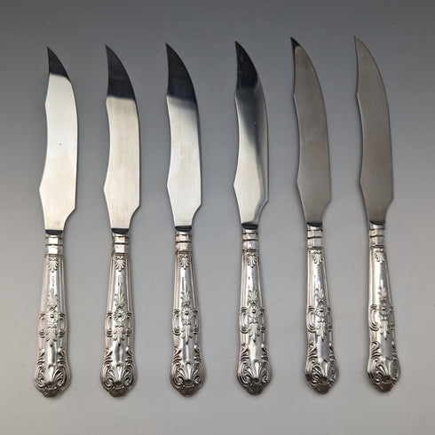 1973年 英国ヴィンテージ 純銀製ハンドル ステーキカトラリー6ペアセット 箱入り Harrison Brothers