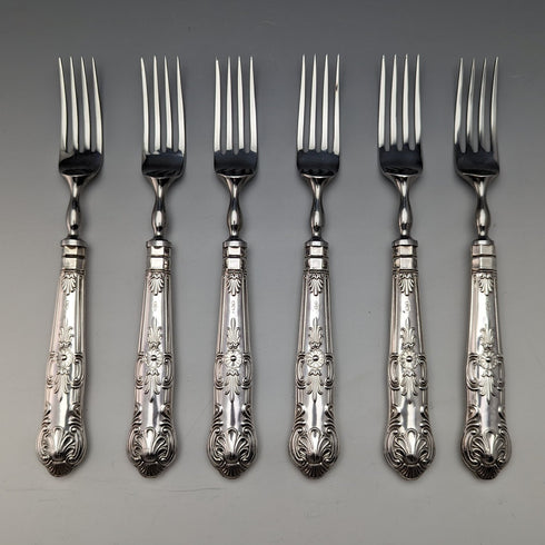 1973年 英国ヴィンテージ 純銀製ハンドル ステーキカトラリー6ペアセット 箱入り Harrison Brothers