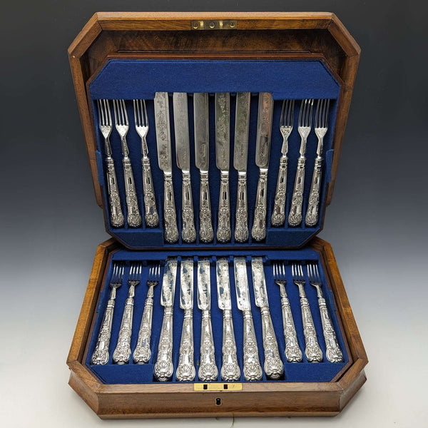 1864年 英国アンティーク 純銀製 デザートカトラリー 12ペアセット 計912g 木箱入り Harrison Brothers & Howson