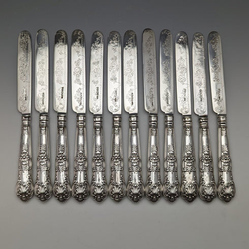 1864年 英国アンティーク 純銀製 デザートカトラリー 12ペアセット 計912g 木箱入り Harrison Brothers & Howson