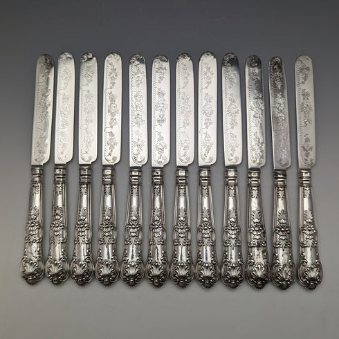 1864年 英国アンティーク 純銀製 デザートカトラリー 12ペアセット 計912g 木箱入り Harrison Brothers & Howson