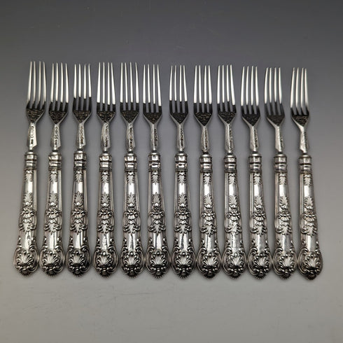 1864年 英国アンティーク 純銀製 デザートカトラリー 12ペアセット 計912g 木箱入り Harrison Brothers & Howson