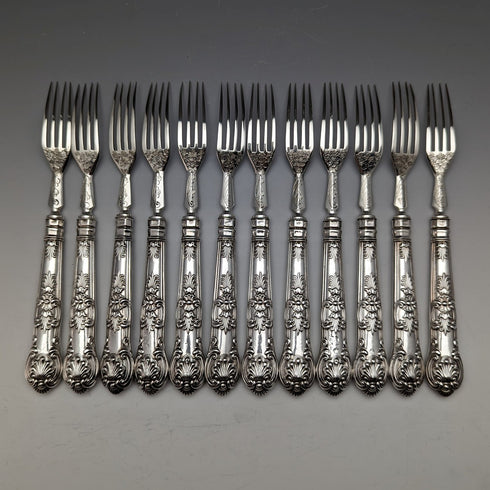 1864年 英国アンティーク 純銀製 デザートカトラリー 12ペアセット 計912g 木箱入り Harrison Brothers & Howson