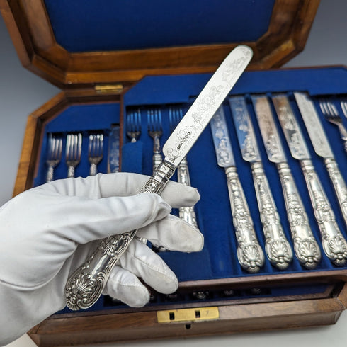 1864 British Antique Sterling Silver Dessert Cutlery 12 Pair Set Total 912g Wooden Boxed Harrison Brothers & Howson