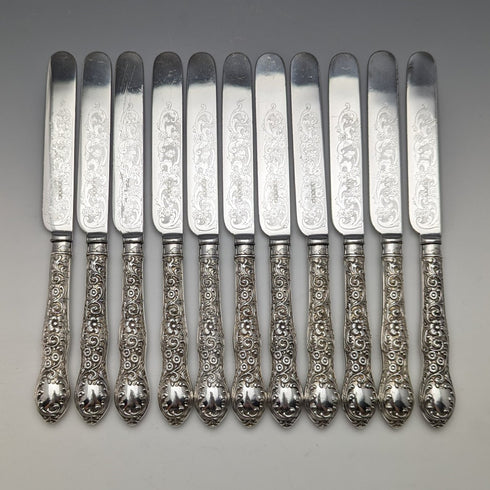 1878年頃 英国アンティーク シルバープレート製カトラリー ナイフ11&フォーク12セット 木箱入り William Gallimore