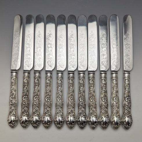 1878年頃 英国アンティーク シルバープレート製カトラリー ナイフ11&フォーク12セット 木箱入り William Gallimore